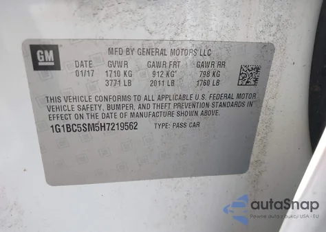 2017 Chevrolet Cruze Ls Auto z USA, uszkodzony, nr VIN 1G1BC5SM5H7219562